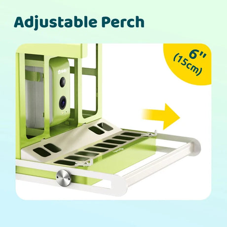 Birdfy Smart Metal Feeder with Camera featuring a green-and-white frame, adjustable perch extending up to 6, and built-in solar panels for capturing 1080P footage.