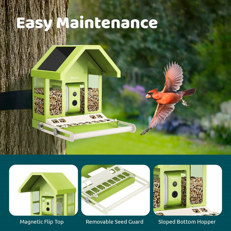 Birdfy Smart Metal Feeder with Camera on tree, cardinal in flight. Highlights: Magnetic Flip Top, Removable Seed Guard, Sloped Bottom Hopper. Features solar panels, AI bird identification.