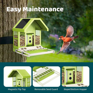 Birdfy Smart Metal Feeder with Camera on tree, cardinal in flight. Highlights: Magnetic Flip Top, Removable Seed Guard, Sloped Bottom Hopper. Features solar panels, AI bird identification.