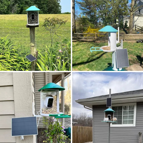 Birdfy Blue Solar Powered Bird Feeder with Camera & Solar Panel featuring a house-style design, central camera, and solar panel for continuous bird monitoring.