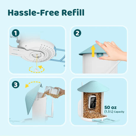 Birdfy Blue Solar Powered Bird Feeder's refill guide: unscrew plug, lift lid, pour seed, close. Holds 50 oz. Enjoy app alerts and 1080P bird watching.