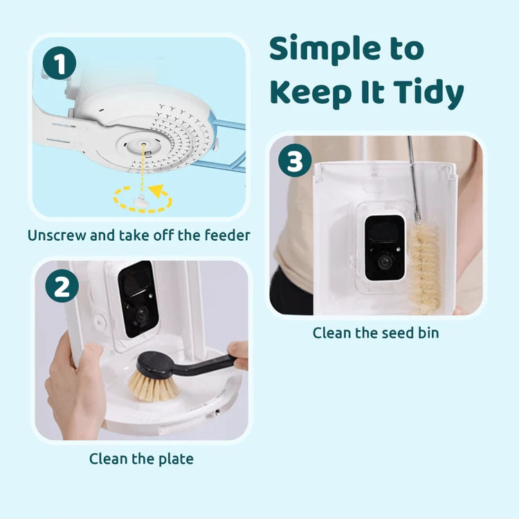 Birdfy Blue Solar Powered Bird Feeder with Camera & Solar Panel cleaning guide: unscrew housing, brush feeding plate, clean seed bin.