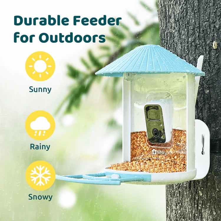 Birdfy Blue Solar Powered Bird Feeder with Camera & Solar Panel mounted on tree, filled with seed, showcasing weatherproof design with sunny, rainy, snowy icons.