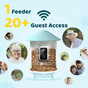 Birdfy Blue Solar Powered Bird Feeder with Camera, showing live-stream sharing capability for up to 20 guests, featuring a camera and seed-filled feeder.