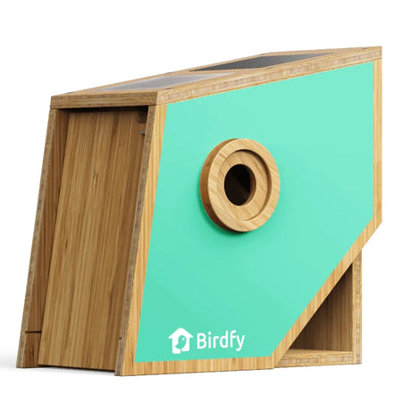 Birdfy Nest Polygon - Smart Birdhouse with Camera features a modern design with a circular entrance, ideal for observing birds via its integrated camera.
