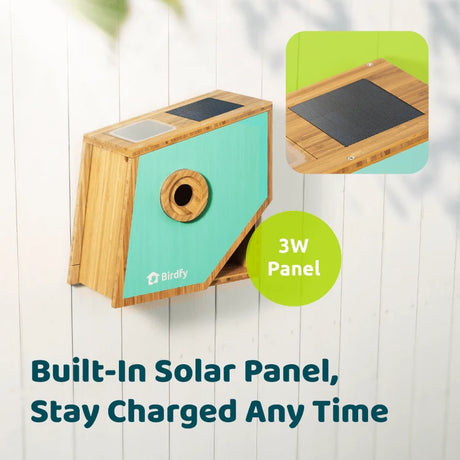 Birdfy Nest Polygon - Smart Birdhouse with Camera features a solar panel and mounts on surfaces, offering AI-edited nesting documentaries via app.
