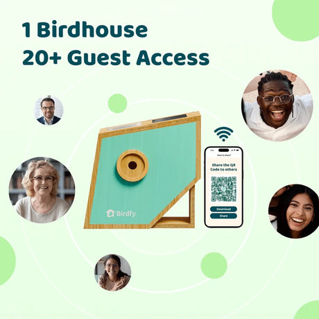 Birdfy Nest Polygon: Smart birdhouse with camera, teal front, smartphone app for sharing access, surrounded by user portraits, headline 1 Birdhouse 20+ Guest Access.