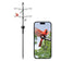 Birdfy Birdfeeder Pole Pro with Camera, featuring multiple arms and hooks, integrated camera, and solar panel, with a cardinal perched and live video feed on a smartphone.