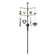 Birdfy Bird Feeder Pole with eight hooks holding various feeders, a planter, and wind-chime; topped by a BIRDEY sign, designed for versatile garden use.