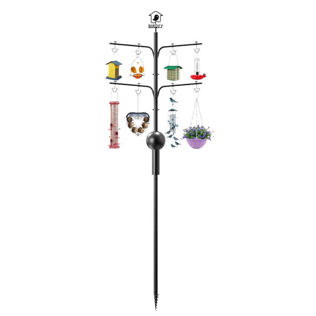 Birdfy Birdfeeder Pole Pro with Camera featuring multi-arm design for feeders, plant, and chime, includes solar-powered camera and squirrel baffle, enhancing garden birdwatching.