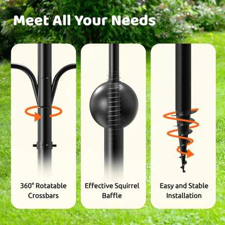 Birdfy Bird Feeder Pole with 360° rotatable crossbars, effective squirrel baffle, and stable auger installation for versatile garden use.