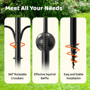 Birdfy Birdfeeder Pole Pro with Camera featuring 360° rotatable crossbars, squirrel baffle, and auger base for easy, stable installation, designed for versatile bird-watching.