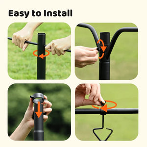 Diagram of assembling the Birdfy Birdfeeder Pole Pro with Camera, showing step-by-step instructions to build a free-standing metal hook for hanging outdoor items.