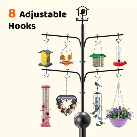 Birdfy Birdfeeder Pole Pro with Camera featuring eight adjustable hooks for feeders and accessories, topped with a Birdfy birdhouse logo.