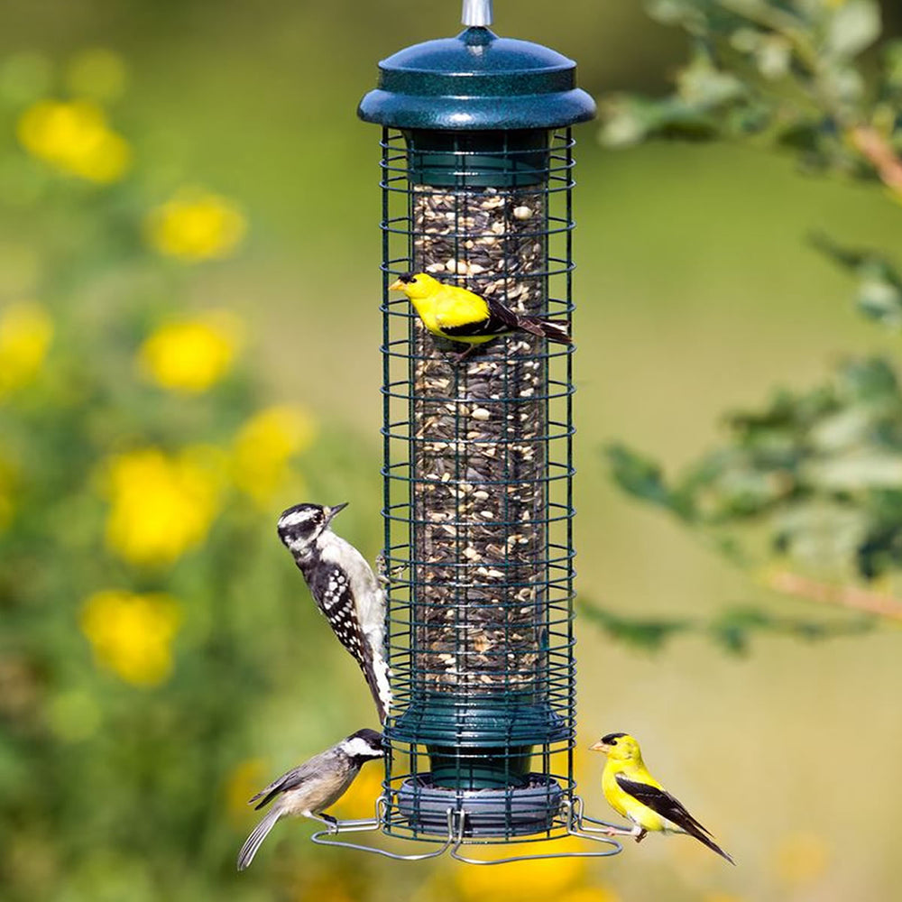 Brome Squirrel Solutions 150 Tube Feeder with goldfinches flocking to the feeder to eat.