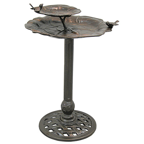 2-Tier Lily Pad Birdbath featuring two birds on top, with textured basins and a latticework cast iron base for stability.