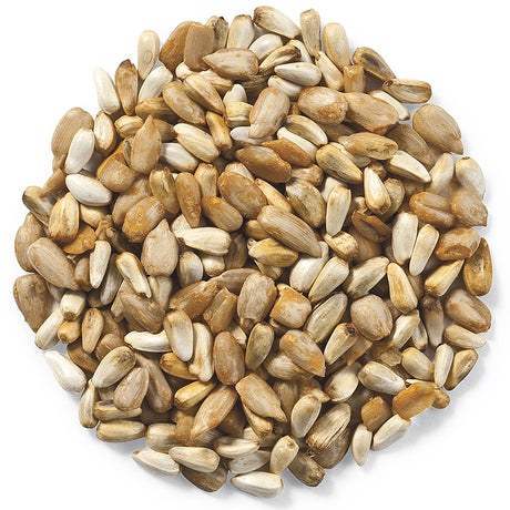 Cole's Cajun Cardinal Bird Seed, 5-lb bag, featuring a pile of sunflower seeds and safflower seeds, coated with fiery hot habanero chili peppers.