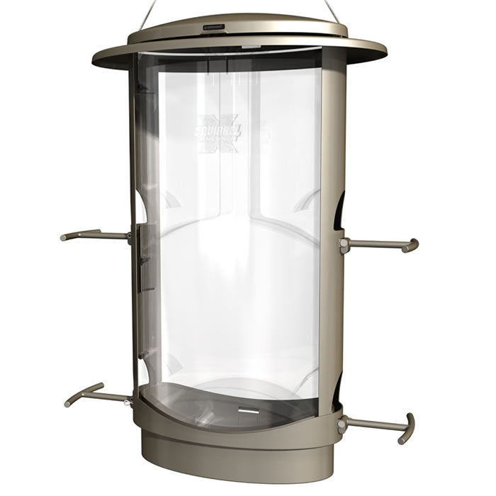 Squirrel-X1 bird feeder with a round top, glass container, and two clear sides, featuring weight-activated roof and perches to deter squirrels.