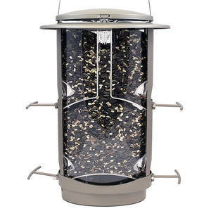 Squirrel-X1 bird feeder with seeds inside, featuring two feeding ports, weight-activated roof and perches, and a durable plastic design to discourage squirrels.