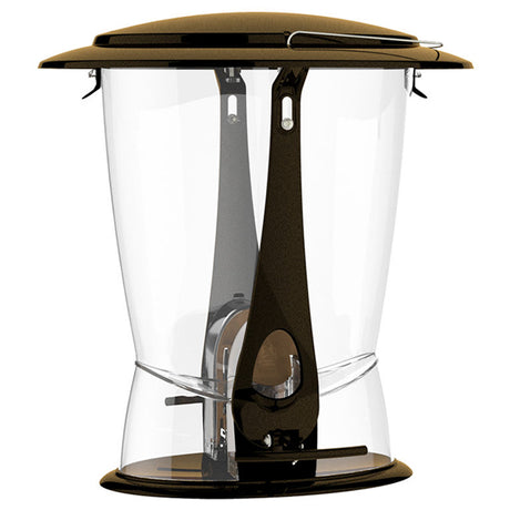 Squirrel-X2 squirrel-proof bird feeder with black lid, transparent container, and two spring-loaded perches to prevent squirrel access.
