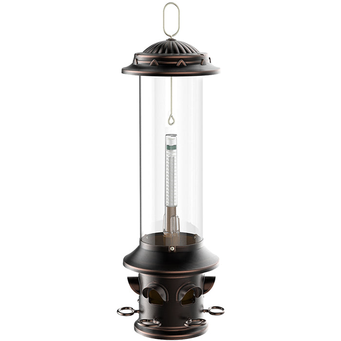 Squirrel-X5 bird feeder: a tall, metal cylinder with a glass tube, six feeding ports, and squirrel-proof features, including spring-loaded perches and a clear plastic reservoir.