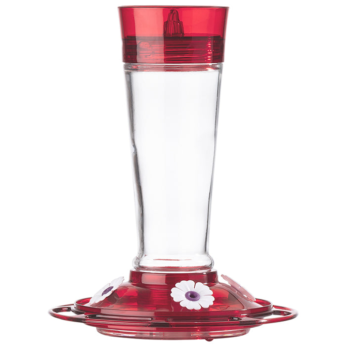 Classic Ruby Hummingbird Feeder with clear glass reservoir, red lid, and white flower-shaped feeding ports, featuring built-in ant moat and S-hook for hanging.