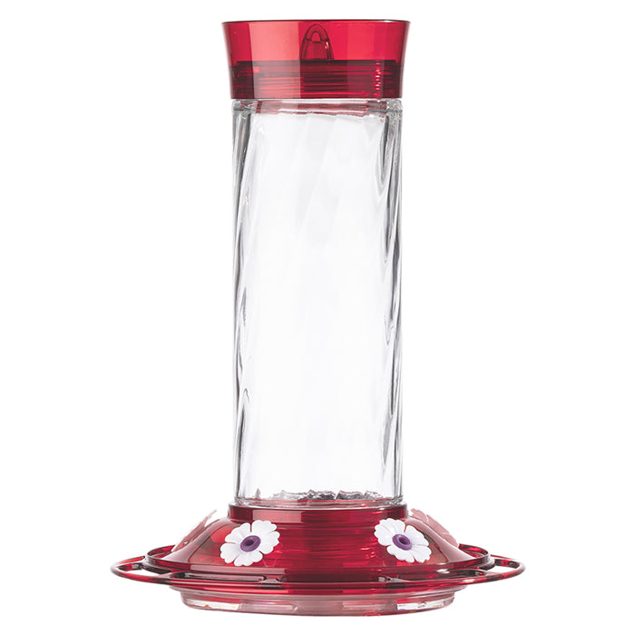 Diamond Hummingbird Feeder: Glass jar with red top, white flower-shaped feeding ports, and S-hook, designed for easy cleaning and refilling.