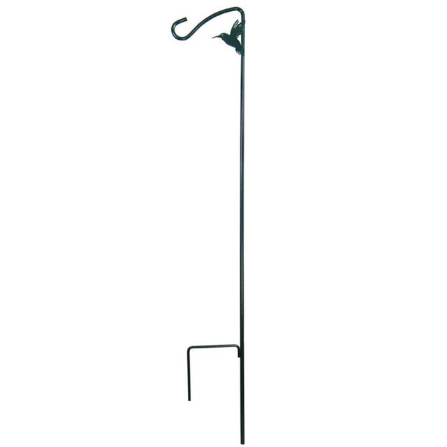 More Birds 42 Hummingbird Hook with decorative silhouette on top, ideal for hanging feeders. Made from black powder-coated steel, stands 42 inches tall, extends 7-1/4 inches.