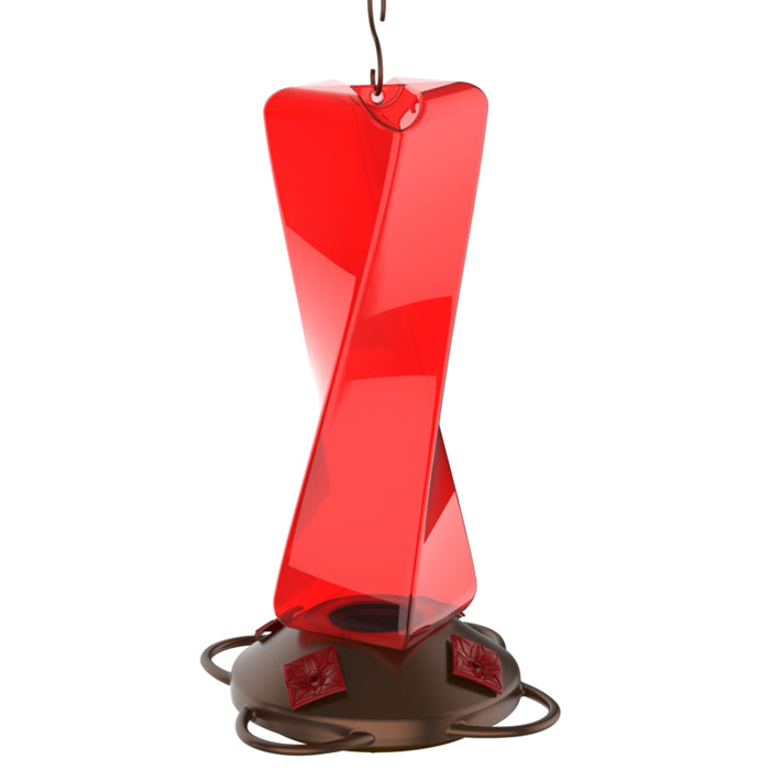 Mirage Hummingbird Feeder with red glass reservoir, S-hook for hanging, four feeding stations, and an antique copper finish base for easy cleaning and filling.