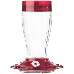 Big Gulp Hummingbird Feeder with a clear glass body and red lid, featuring five white feeding ports with purple rings, ideal for easy refills and cleaning.