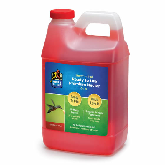 Ready-To-Use Liquid Nectar in a plastic jug with a label, designed to attract hummingbirds and resemble natural flower nectar, 64 oz.