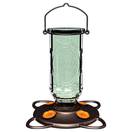 Oriole Vintage Feeder with vintage glass bottle, burnt penny finish, orange bee guards, metal hanger, and four feeding stations for easy nectar access.