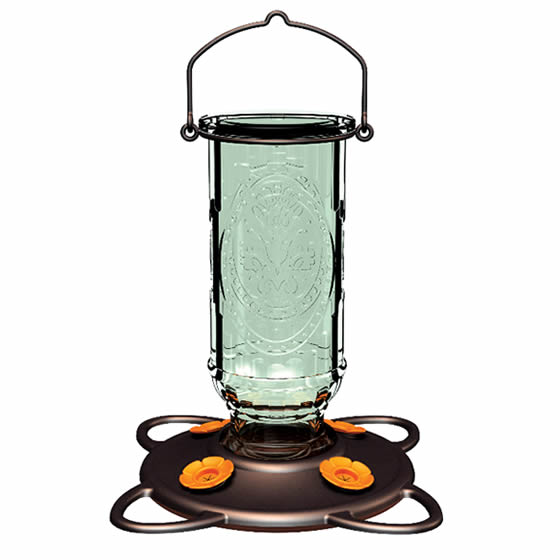 Oriole Vintage Feeder: A glass bird feeder with a handle, vintage aqua tinted glass, burnt penny finish, metal hanger, and four feeding stations with bee guards.