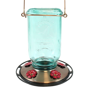 Mason Jar Nectar Feeder with wire hanger, red flower-shaped feeding ports, and clear glass jar for easy nectar level viewing.