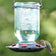 Mason Jar Nectar Feeder with a hummingbird drinking from one of the five red flower-shaped feeding ports. Clear glass jar and rustic metal hanger visible.