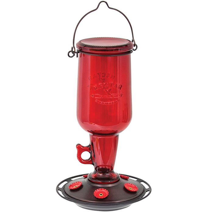 Red Jug Hummingbird Feeder with a logo, red feeding ports shaped like bottle caps, metal hanger, wraparound perch, and a two-piece base for easy cleaning and filling.