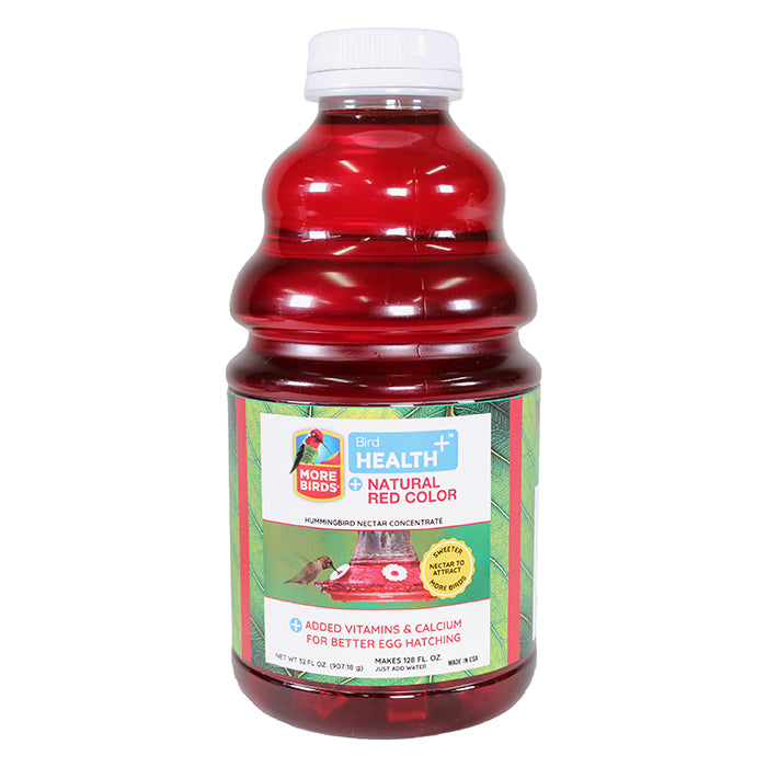 Bird Health Plus Red Nectar Concentrate 32 oz. bottle, designed for easy mixing to attract hummingbirds, featuring calcium and vitamins for healthy development.