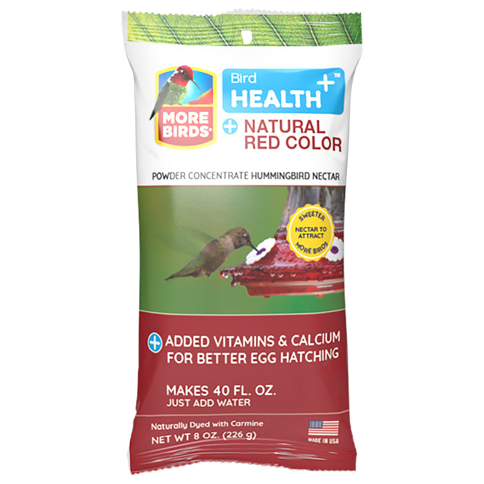 Bird Health Plus Red Nectar Powder 8 oz., Set of 2, in white bags with labels, designed for easy mixing in hummingbird feeders.