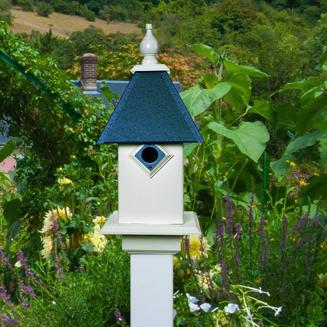 Classic Bluebird Bird House, Cobalt Blue, features a blue roof and white body, made from maintenance-free PVC, designed for long-lasting outdoor use with a predator guard.