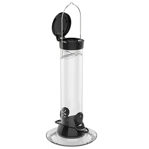 Droll Yankees 12 Onyx Clever Clean Finch Seed Feeder with a black lid, two feeding ports, and a twist-and-release removable base for easy cleaning.