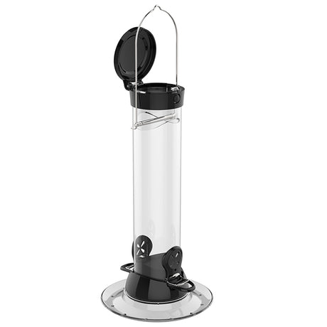Droll Yankees 12 Onyx Clever Clean Finch Seed Feeder with a black lid, two feeding ports, and a twist-and-release removable base for easy cleaning.