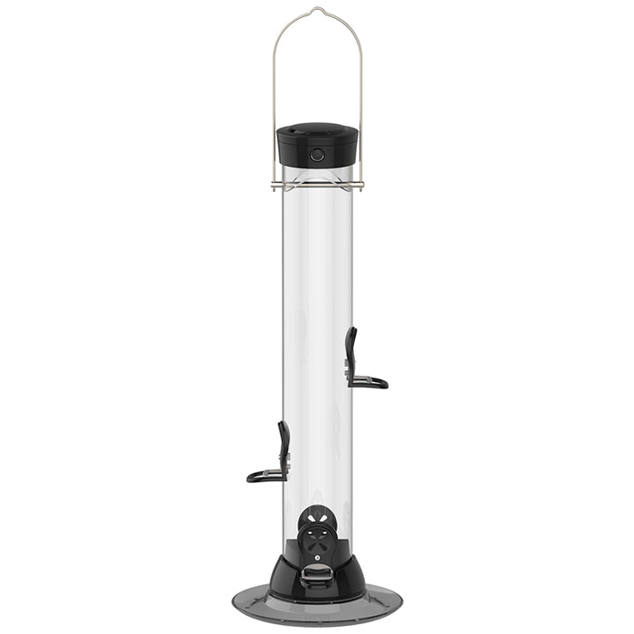 Droll Yankees 18 Onyx Clever Clean Finch Seed Feeder, a clear glass tube feeder with a twist-and-release base and two feeding ports.