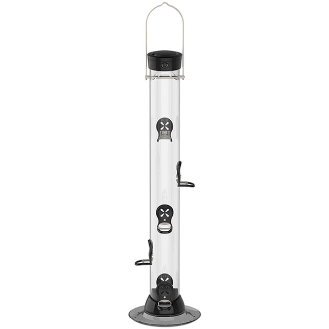 Droll Yankees 24 Onyx Clever Clean Nyjer® Seed Feeder with clear tube, six feeding ports, and twist-and-release removable base for easy cleaning and filling.