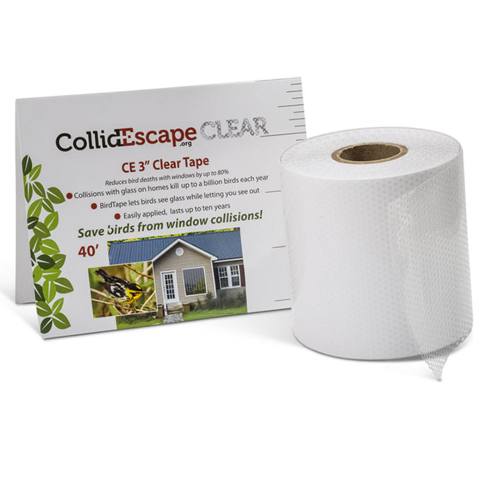 3 CollidEscape Uncut BirdTape, 40' Clear, displayed as a roll next to a sign, designed to reduce bird window collisions and ensure unobstructed outdoor views.