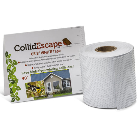 3 CollidEscape Uncut BirdTape, 40' White, a roll of translucent tape designed to make windows visible to birds, reducing collisions and saving bird lives.