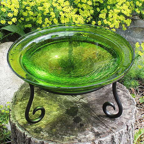 12 Crackle Glass Bird Bath with Short Stand, featuring a green crackle glass basin on a sturdy wrought iron stand, perfect for gardens or tabletops.