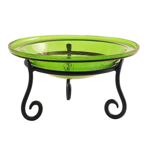 12 Crackle Glass Bird Bath with Short Stand featuring a green crackle glass basin and sturdy black metal legs, perfect for tabletops and gardens.