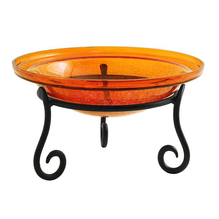 12 Crackle Glass Bird Bath with Short Stand, featuring a sparkling glass basin on a sturdy wrought iron stand, perfect for indoor or outdoor use.