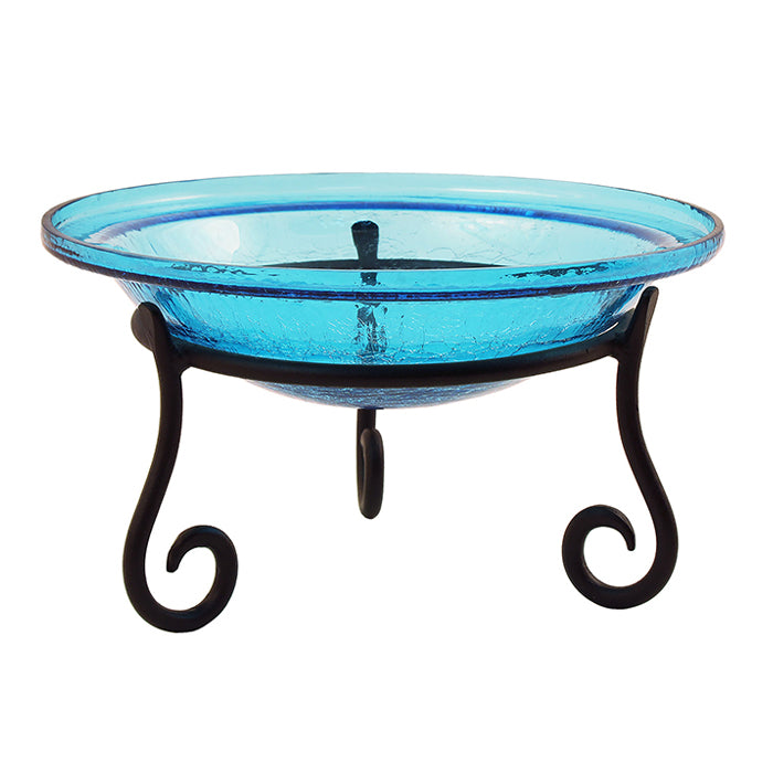 12 Crackle Glass Bird Bath with Short Stand, featuring a blue crackle glass bowl on black metal legs, perfect for birdwatching.