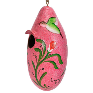 Hummingbird Gourd Birdhouse with painted bird and hummingbird designs, featuring a 1-1/4 inch opening, drainage holes, and protective varnish, handmade by Peruvian artisans.